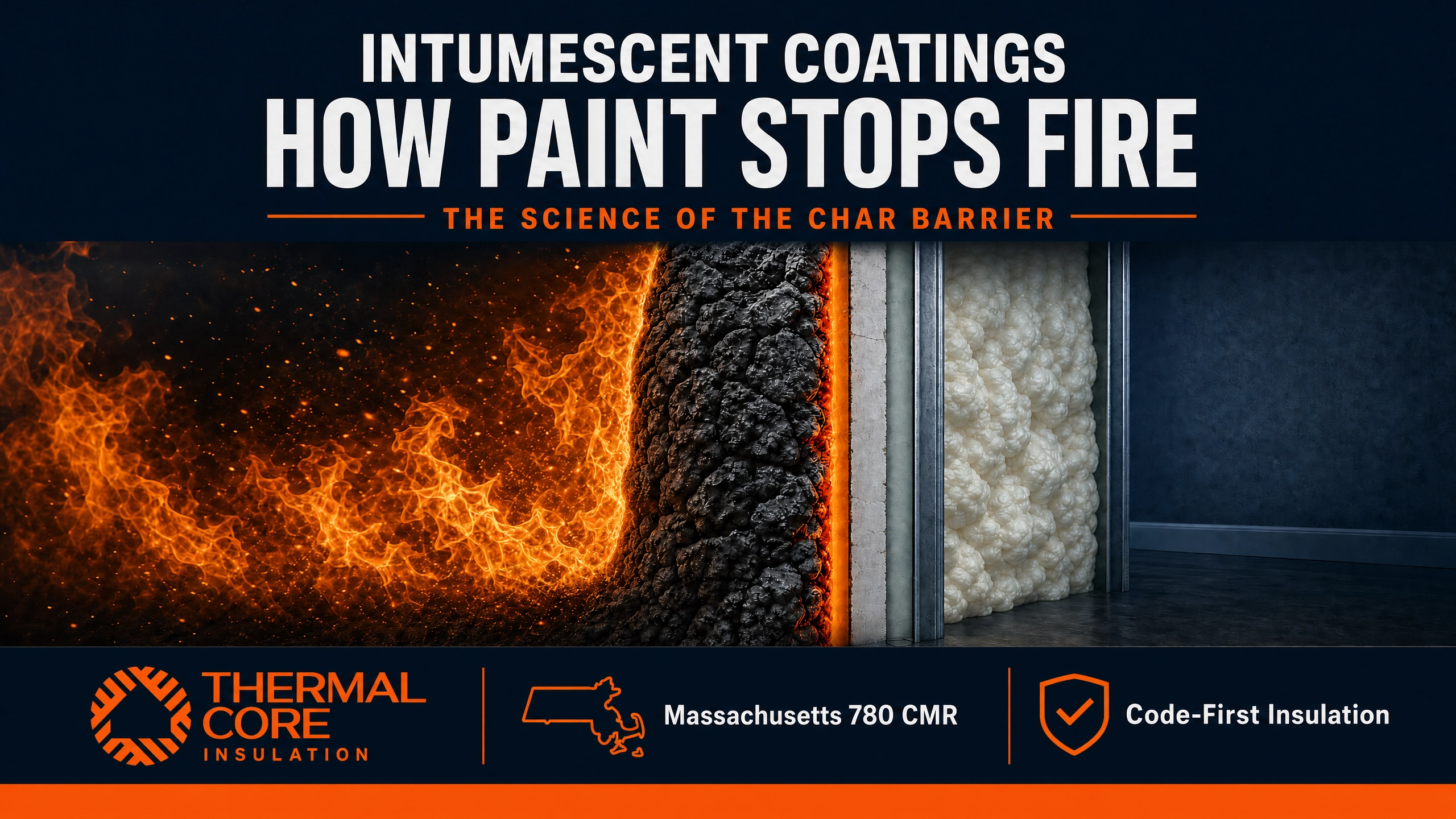 Cover infographic showing how intumescent coatings create a protective char barrier over spray foam insulation, illustrating the science behind passive fire protection and Massachusetts code-compliant thermal barriers.
