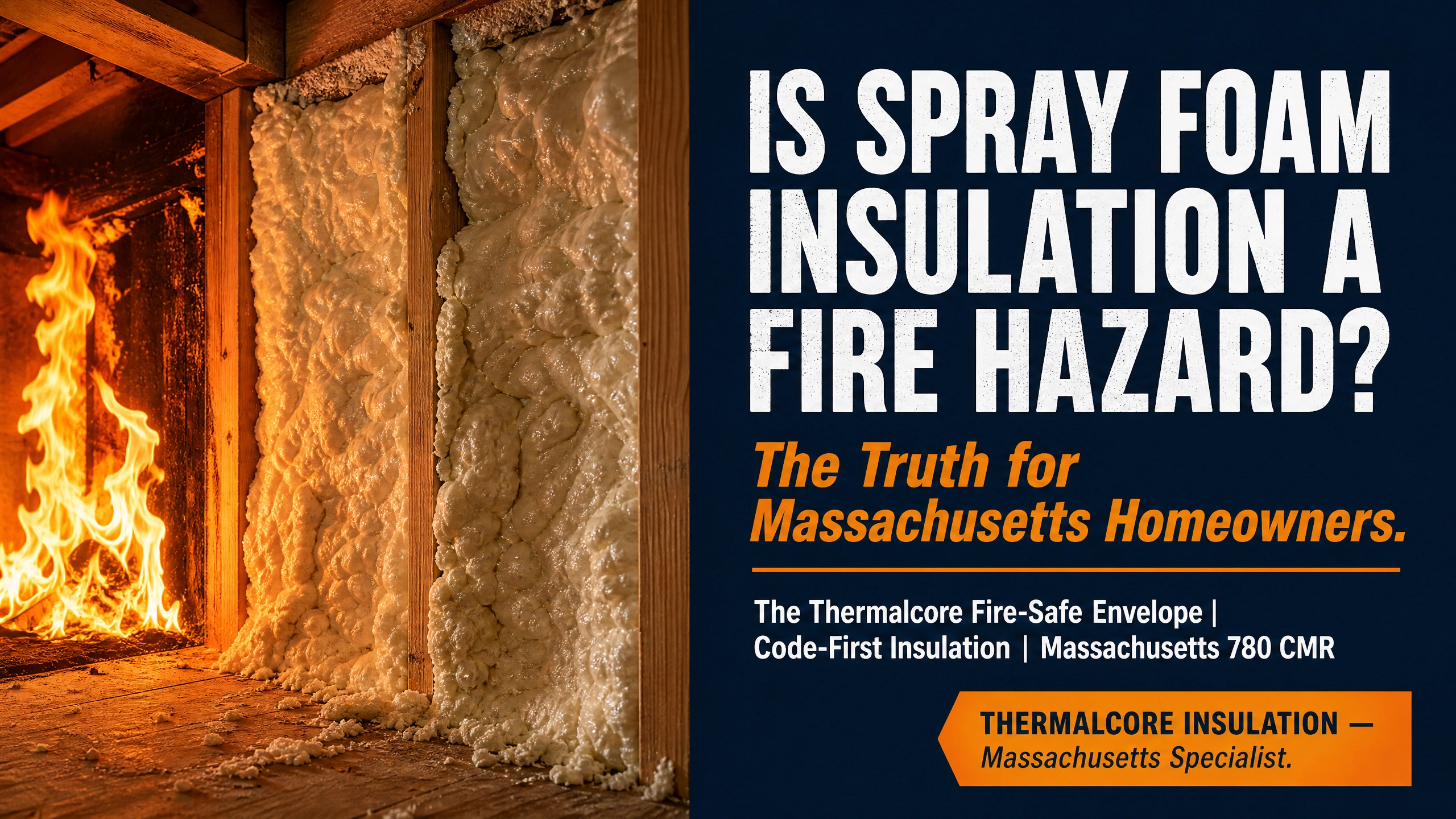 Thermal Core Insulation cover infographic explaining whether spray foam insulation is a fire hazard, covering Massachusetts building code requirements, thermal barriers, and fire-safe installation practices.