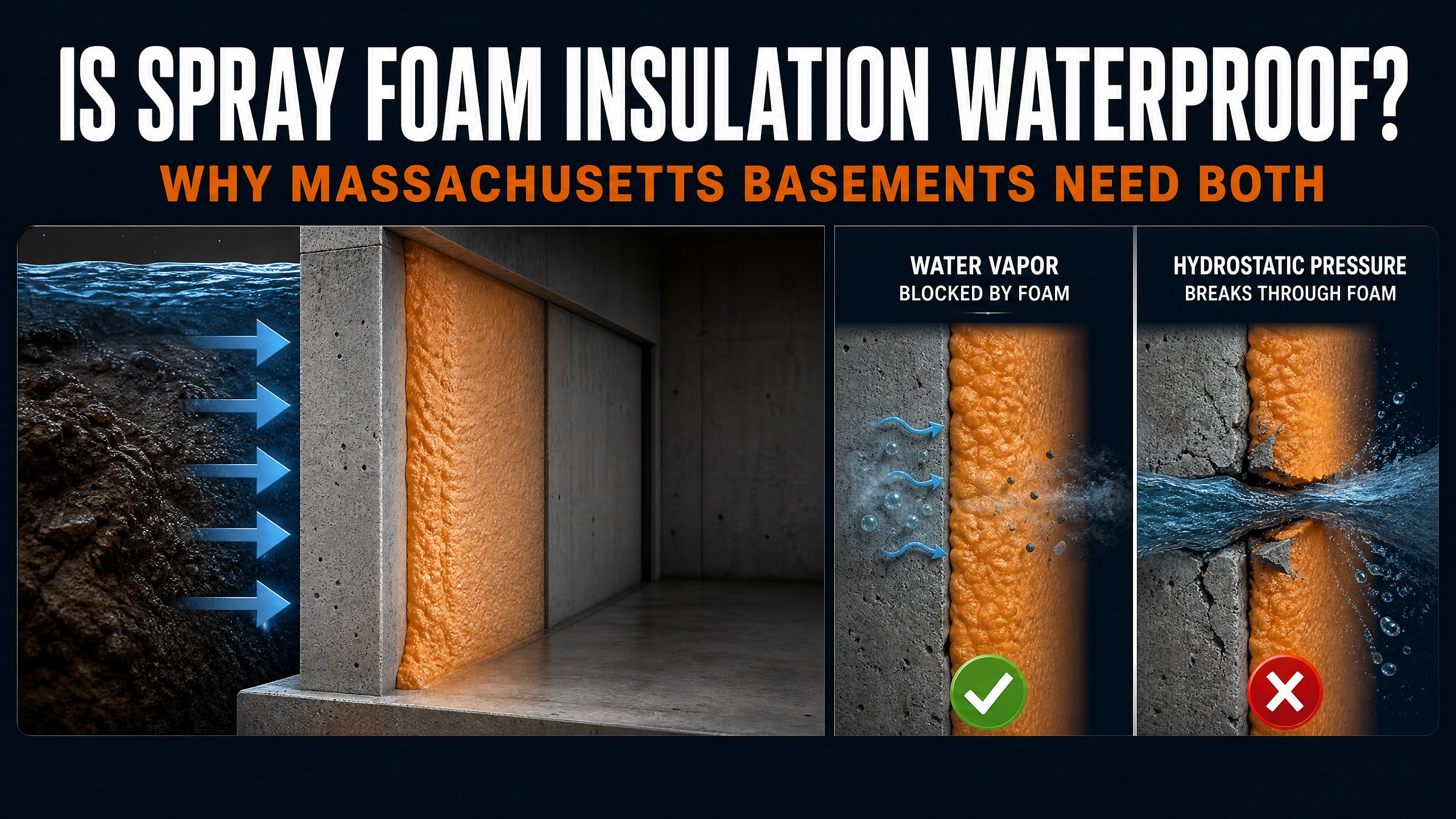 Infographic explaining that spray foam insulation blocks water vapor but cannot stop hydrostatic water intrusion, demonstrating why Massachusetts basements require both waterproofing and closed-cell spray foam insulation.