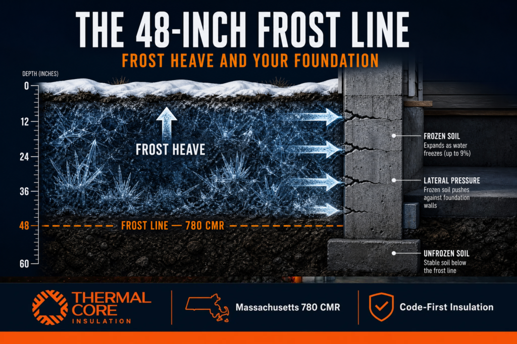Educational infographic explaining Massachusetts' 48-inch frost line, frost heave, frozen soil expansion, lateral pressure on foundation walls, and why proper foundation waterproofing protects against structural damage.