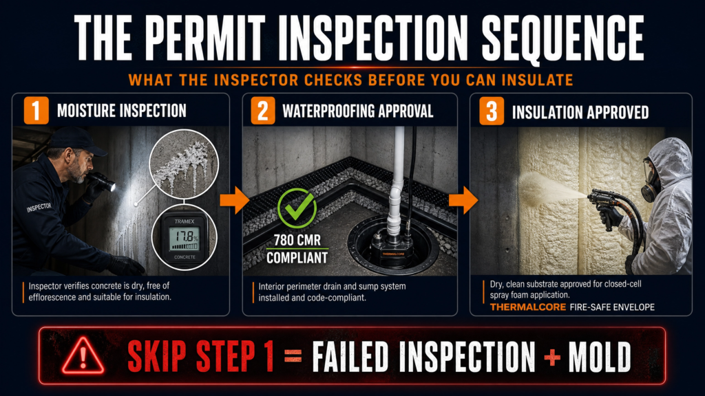 Infographic showing the Massachusetts basement permit inspection process, from moisture inspection to waterproofing approval and spray foam insulation approval, emphasizing code compliance before insulation installation.