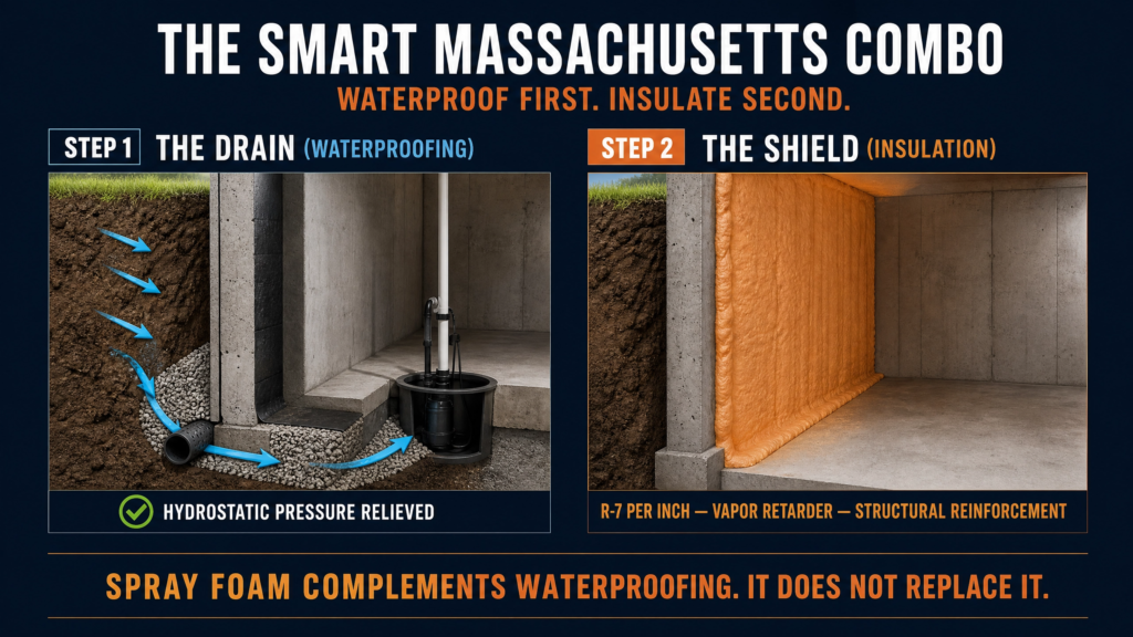 Educational infographic showing the correct order for finishing a Massachusetts basement: waterproof first with a perimeter drain system, then install closed-cell spray foam insulation, explaining why insulation complements—but never replaces—waterproofing.