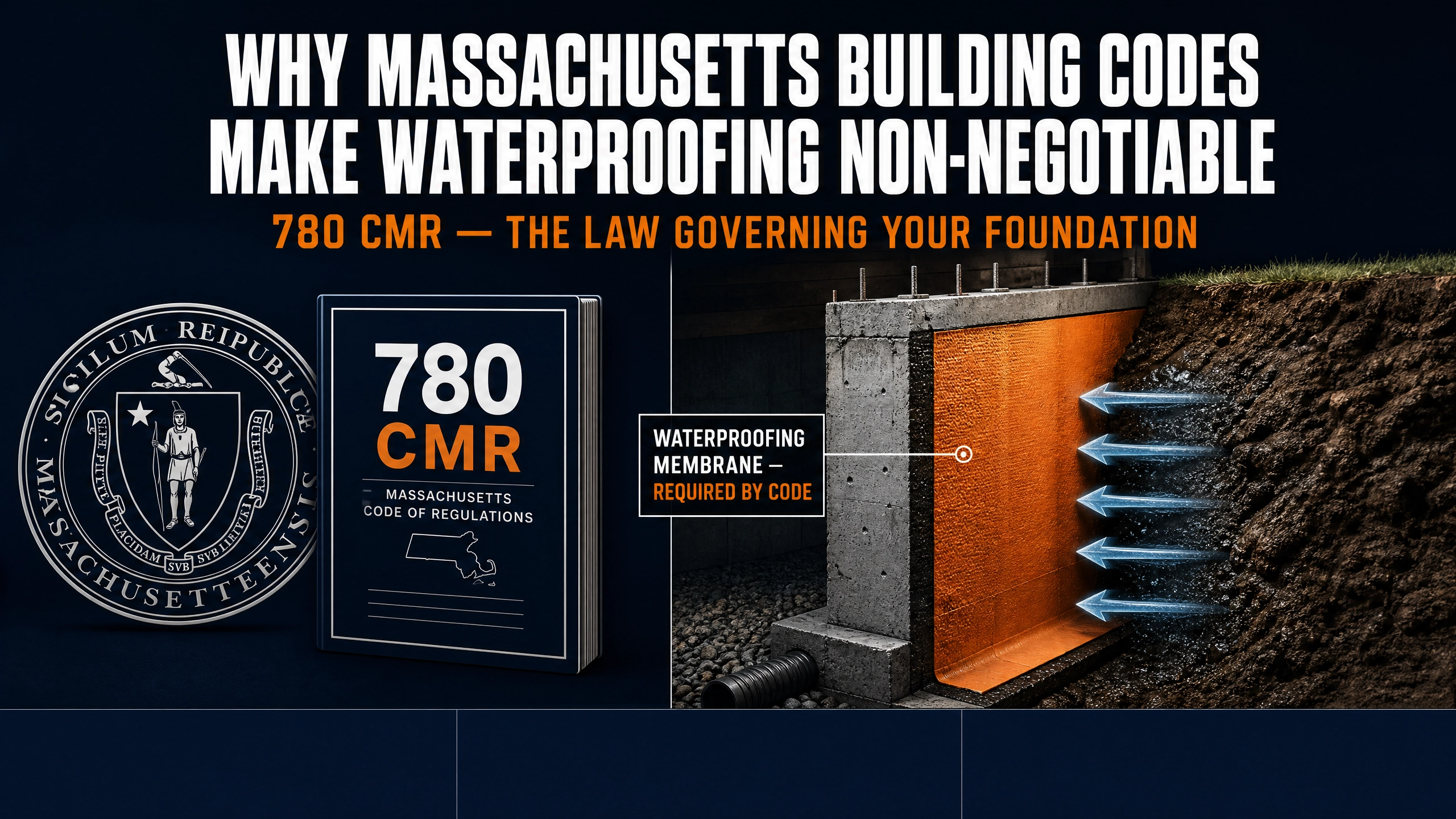 Educational infographic explaining why Massachusetts Building Codes 780 CMR requires foundation waterproofing, showing a waterproofing membrane protecting a foundation wall against hydrostatic pressure and groundwater intrusion.