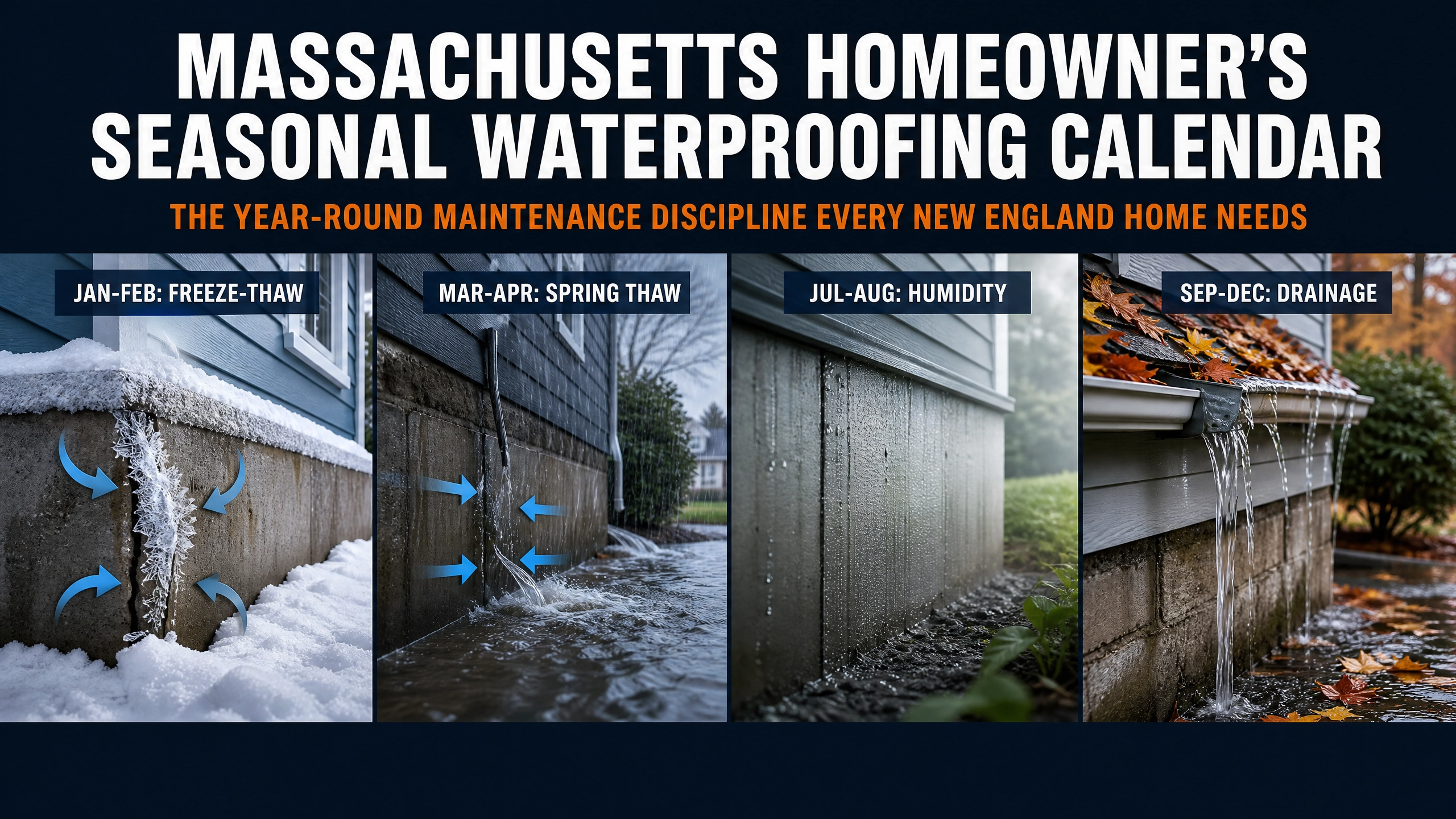 Seasonal infographic showing the year-round waterproofing maintenance schedule for Massachusetts homeowners, covering freeze-thaw damage in winter, spring snowmelt, summer humidity, and fall drainage maintenance.