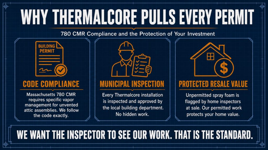 Thermal Core Insulation infographic explaining why every spray foam project is fully permitted in Massachusetts, highlighting code compliance, municipal inspections, and protected home resale value.