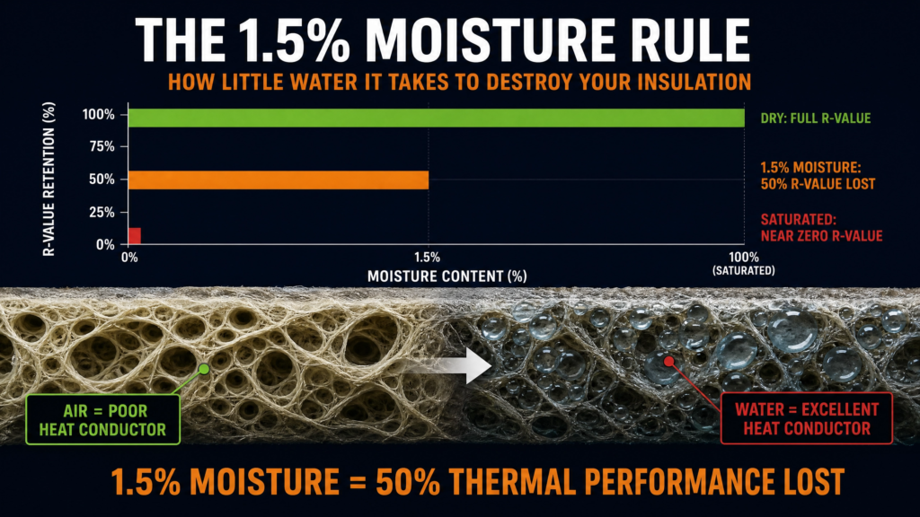 Scientific infographic illustrating how as little as 1.5% moisture content can reduce insulation performance by roughly 50%, demonstrating why water dramatically decreases thermal efficiency.