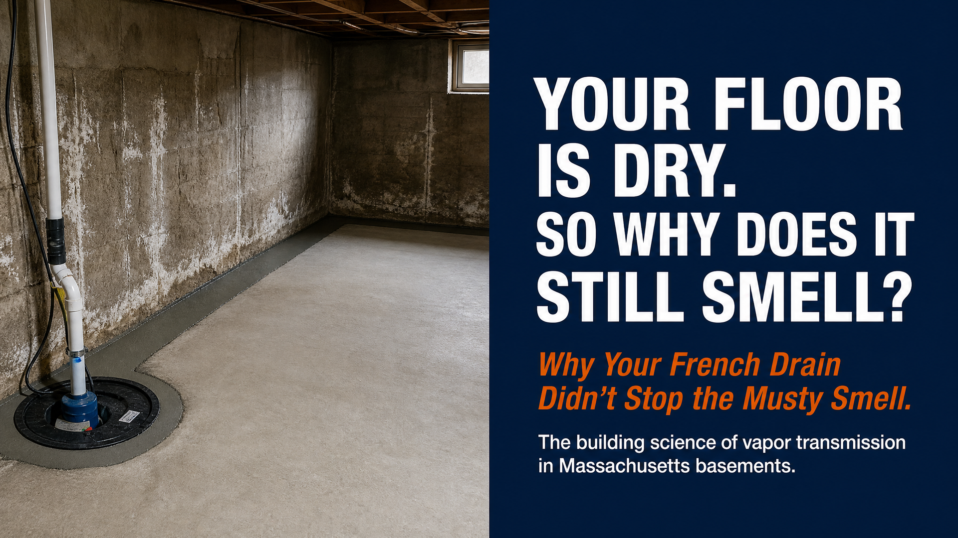 Thermal Core Insulation cover image showing a dry basement with a French drain and sump pump, explaining why musty odors remain after waterproofing due to vapor transmission through concrete walls.