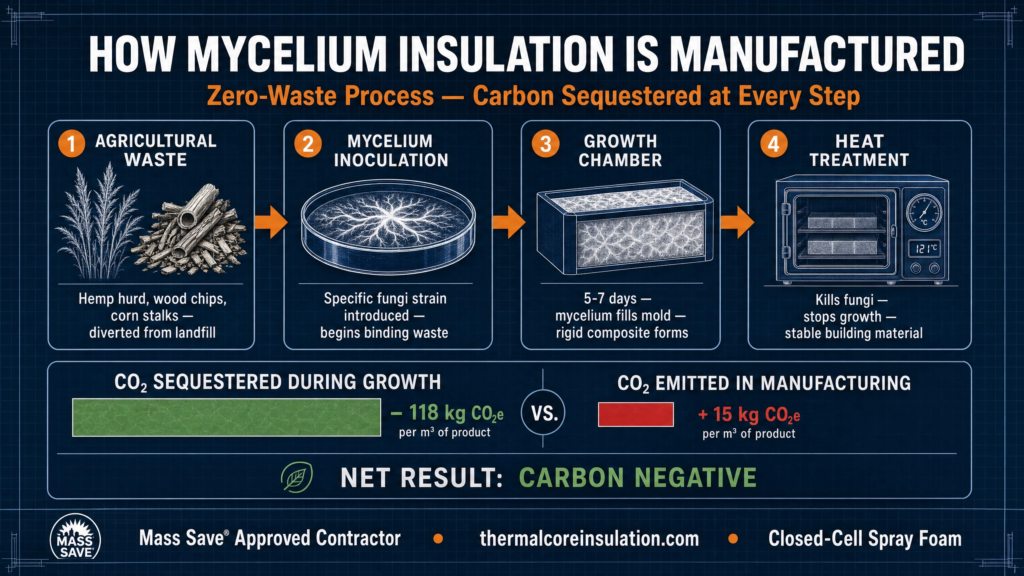 How mycelium insulation is manufactured zero-waste process carbon sequestered at every step — Step 1 agricultural waste hemp hurd wood chips diverted from landfill — Step 2 mycelium inoculation specific fungi strain introduced — Step 3 growth chamber 5-7 days rigid composite forms — Step 4 heat treatment kills fungi stable building material — CO2 sequestered 118 kg vs CO2 emitted 15 kg net result carbon negative — mycelium insulation Massachusetts — Thermal Core Insulation