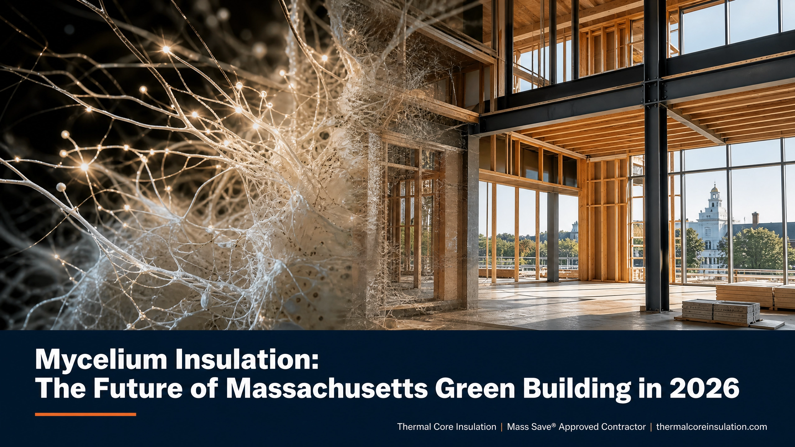 Mycelium insulation macro photograph merging with a Massachusetts commercial building under construction — editorial cover image for Thermal Core Insulation's guide to bio-based insulation and green building in 2026.