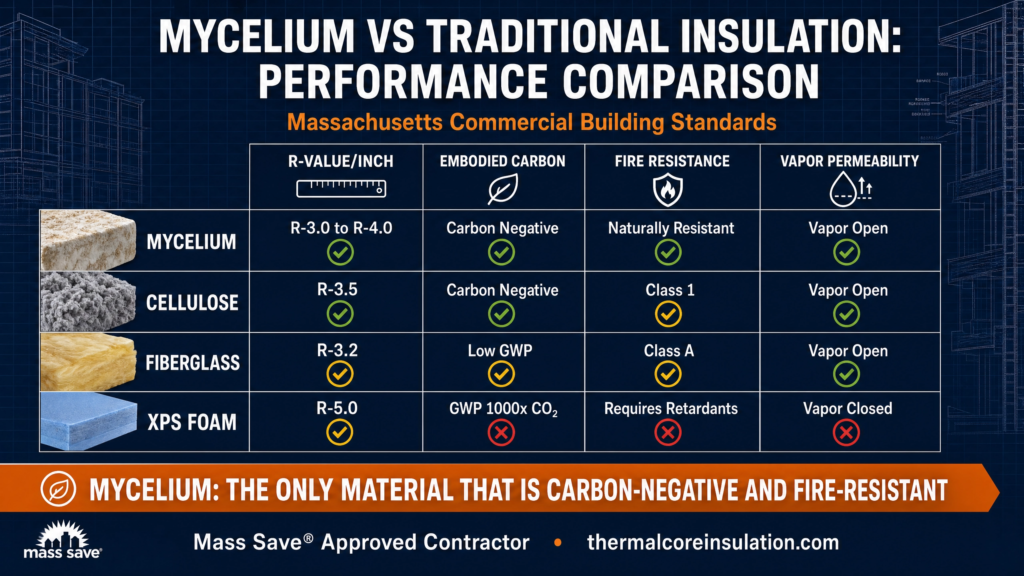 Mycelium insulation vs traditional insulation performance comparison Massachusetts commercial buildings — mycelium R-3.0 to R-4.0 carbon negative naturally fire-resistant vapor open — cellulose R-3.5 carbon negative Class 1 vapor open — fiberglass R-3.2 low GWP Class A vapor open — XPS foam R-5.0 GWP 1000x CO2 requires retardants vapor closed — mycelium only material carbon-negative and fire-resistant — Thermal Core Insulation