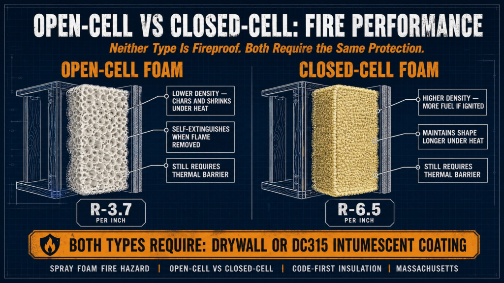 Is Spray Foam Insulation a Fire Hazard; Blueprint-style infographic comparing the fire performance of open-cell and closed-cell spray foam insulation. It explains that neither material is fireproof, both require a thermal barrier such as drywall or DC315 intumescent coating, while comparing density, heat behavior, and R-values.