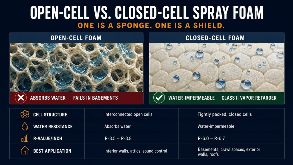 Comparison infographic explaining the differences between open-cell and closed-cell spray foam insulation, including cell structure, water resistance, R-value per inch, vapor retarder performance, and recommended applications for basements.