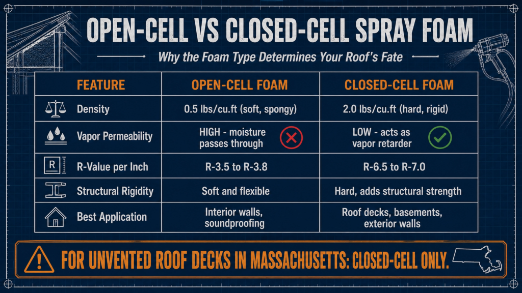 Thermal Core Insulation comparison infographic explaining the differences between open-cell and closed-cell spray foam, including vapor permeability, R-value, structural strength, and recommended applications in Massachusetts.