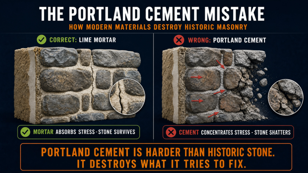 Educational comparison showing why Portland cement is too rigid for historic stone foundations and how traditional lime mortar absorbs movement, preventing cracks and preserving historic masonry.
