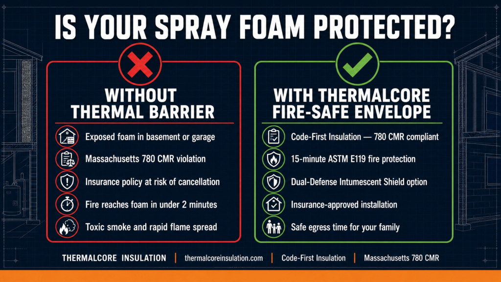 Comparison infographic showing exposed spray foam without a thermal barrier versus spray foam protected by a code-compliant fire-safe envelope, highlighting safety, insurance, and Massachusetts 780 CMR compliance.