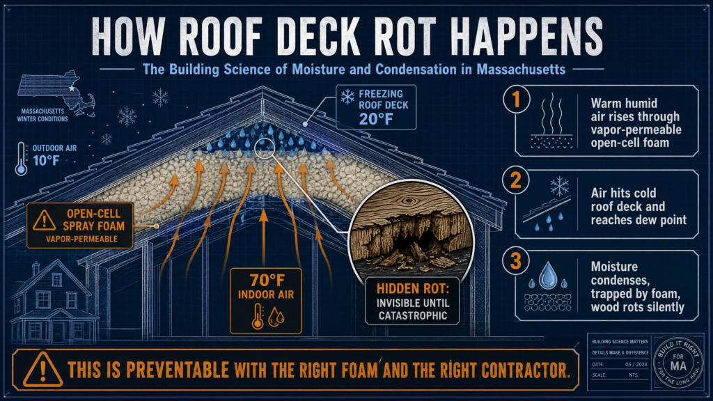 Educational diagram explaining how open-cell spray foam can contribute to roof deck rot through moisture condensation in cold Massachusetts climates.