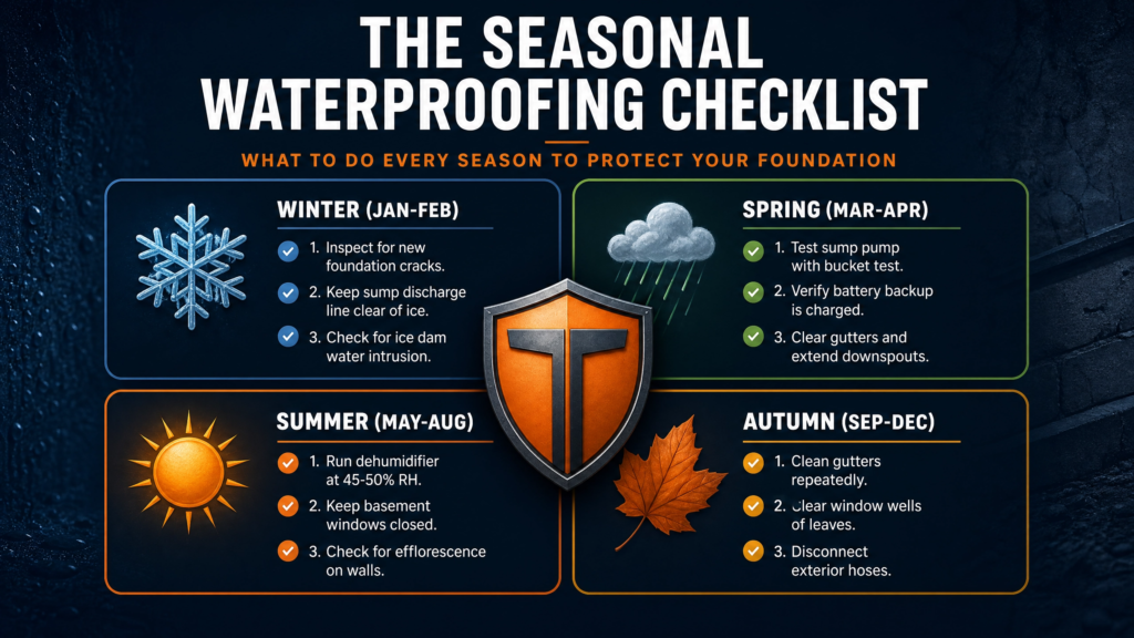Comprehensive Seasonal Waterproofing Calendar outlining winter, spring, summer, and autumn maintenance tasks that help homeowners protect their foundations and reduce water intrusion.
