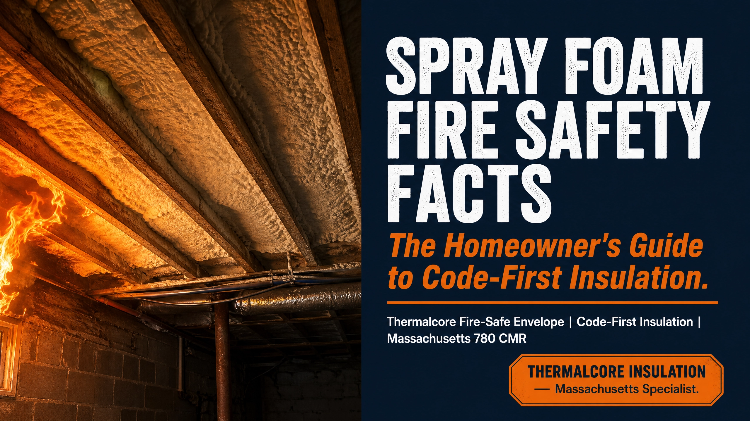 Thermal Core Insulation cover infographic introducing spray foam fire safety facts for Massachusetts homeowners, explaining building code requirements, thermal barriers, ASTM E84 ratings, and safe closed-cell spray foam installation.