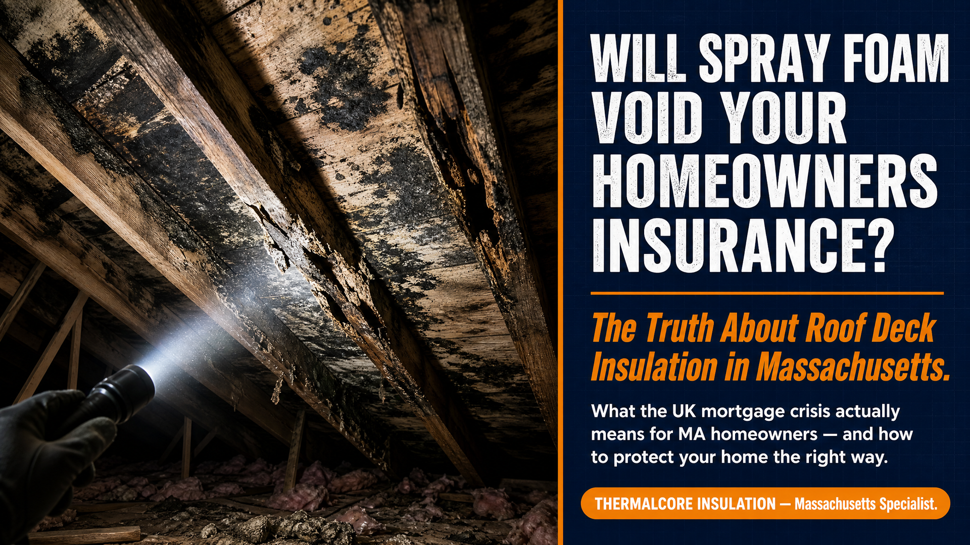 Thermal Core Insulation cover image featuring a damaged roof deck with wood rot, explaining the truth about spray foam insulation, homeowners insurance, and roof deck insulation in Massachusetts.
