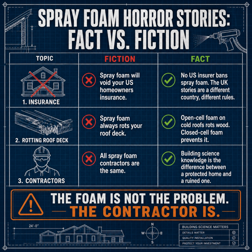 Thermal Core Insulation infographic debunking common spray foam myths, explaining insurance, roof rot, and contractor misconceptions using building science.