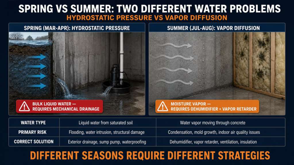 Comparison infographic explaining the difference between hydrostatic pressure during spring snowmelt and moisture vapor diffusion during humid summer months, along with the appropriate waterproofing solutions for each.