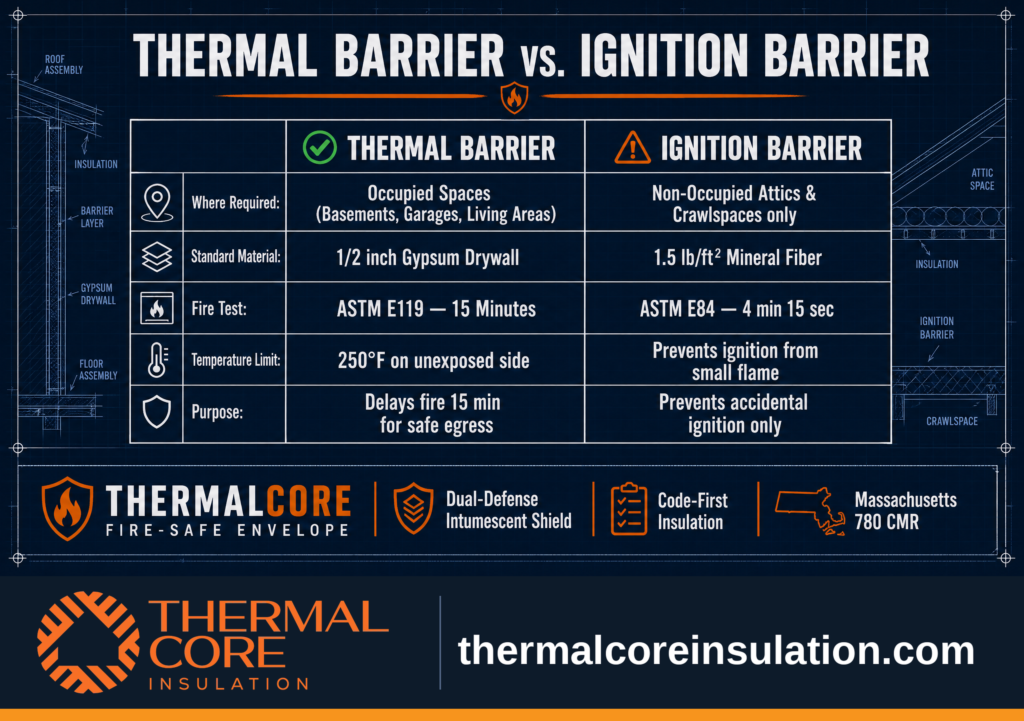 Comparison chart explaining the differences between thermal barriers and ignition barriers, including applications, fire tests, temperature limits, and Massachusetts code requirements.