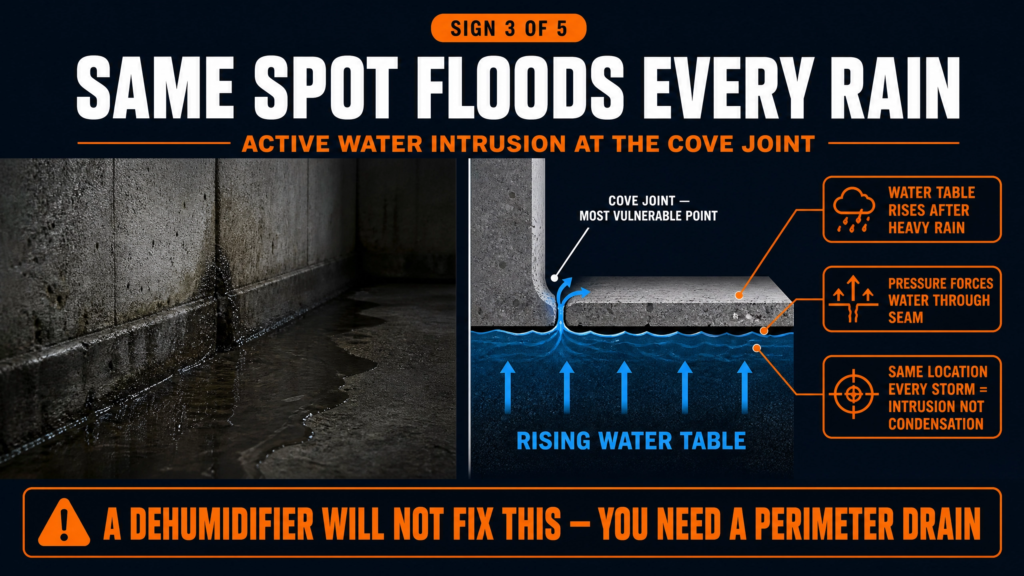 ThermalCore Insulation infographic showing how repeated flooding at the same basement location indicates active water intrusion through the cove joint. It explains how a rising water table creates hydrostatic pressure that forces water through the wall-floor joint and why a perimeter drain system is required before insulating.