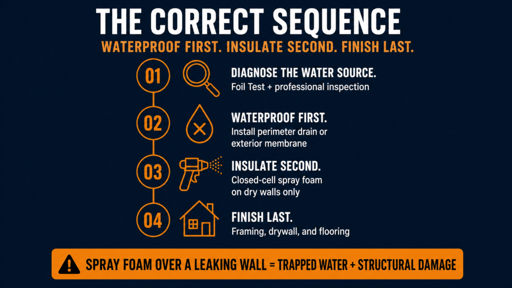 ThermalCore Insulation infographic outlining the correct basement renovation sequence: diagnose water intrusion, waterproof the foundation, install closed-cell spray foam insulation, and complete framing and finishing after the walls are dry.
