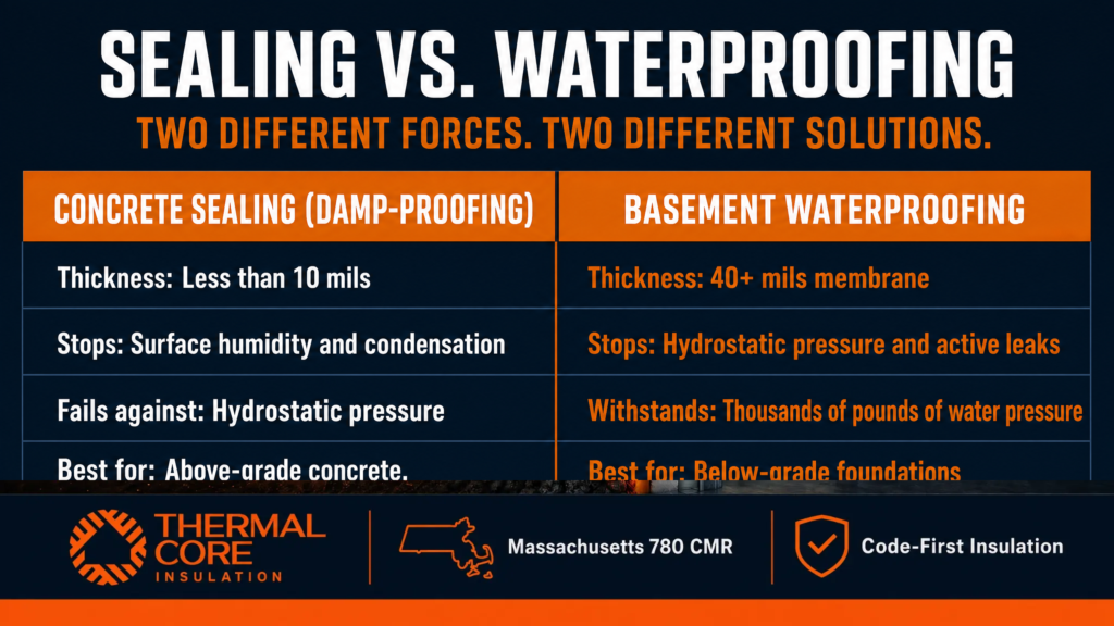 ThermalCore Insulation comparison chart explaining the differences between  waterproofing vs sealing  basement, including membrane thickness, hydrostatic pressure resistance, and best applications for Massachusetts foundations.