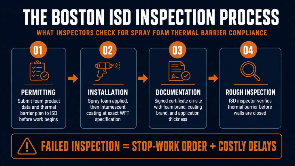 ThermalCore Insulation infographic explaining the Boston ISD inspection process for spray foam thermal barrier compliance. It outlines permitting, spray foam installation, documentation, and rough inspection requirements, emphasizing that failed inspections can lead to stop-work orders and costly project delays.