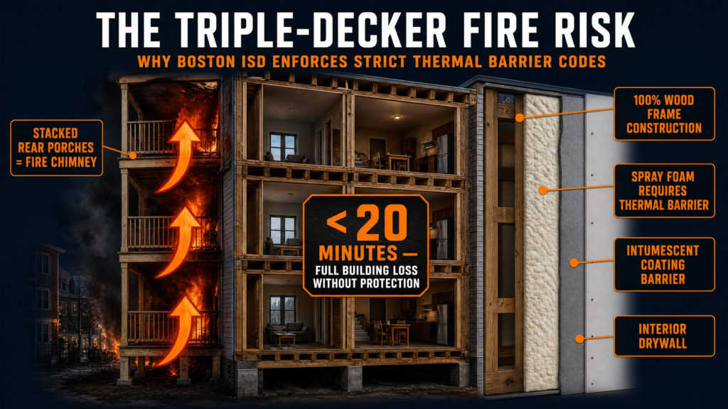 ThermalCore Insulation infographic illustrating the fire risks associated with Boston's triple-decker wood-frame buildings. The graphic explains how fire-rated insulation spray foam insulation requires a code-compliant thermal barrier and intumescent coating to reduce fire spread and comply with Massachusetts building codes.