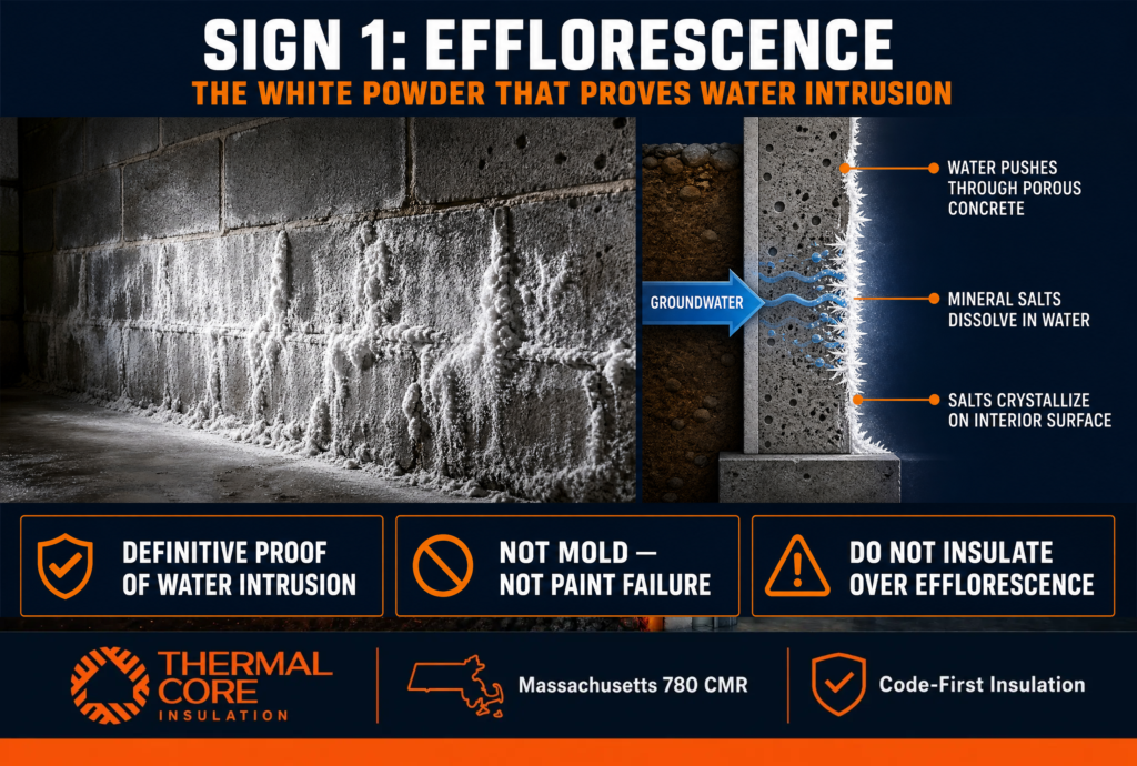 ThermalCore Insulation infographic showing how efflorescence on concrete block walls is a clear sign of water intrusion in Massachusetts basement The graphic explains how groundwater carries mineral salts through porous concrete, leaving white crystalline deposits that indicate waterproofing is required before installing spray foam insulation.