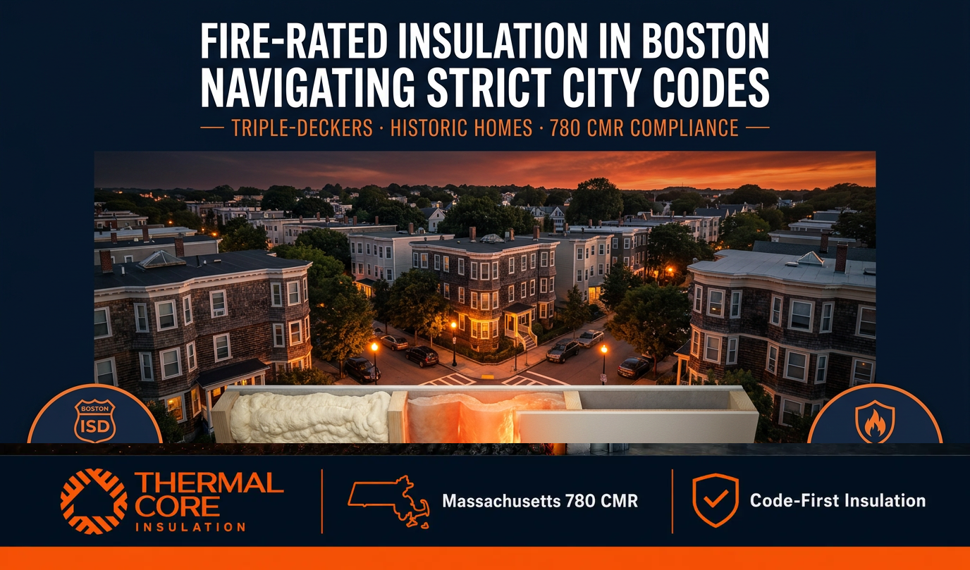 ThermalCore Insulation infographic highlighting fire-rated spray foam insulation solutions for Boston's historic homes and triple-decker buildings. The graphic focuses on Massachusetts 780 CMR compliance, fire-safe insulation systems, and code-first solutions that preserve older buildings while improving energy efficiency.