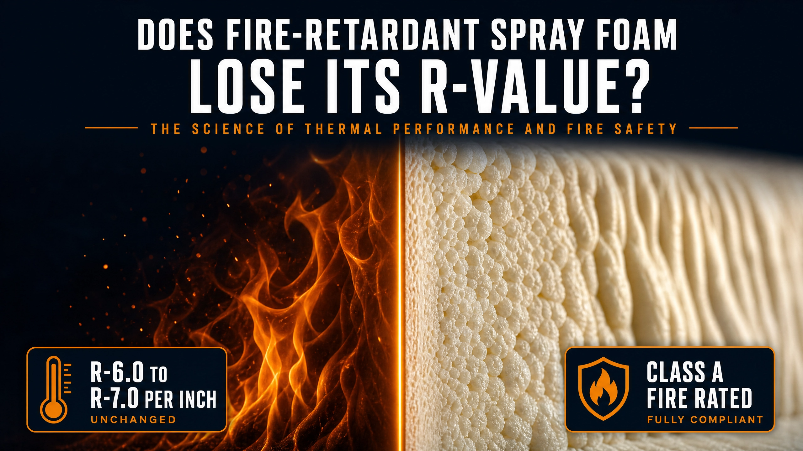 ThermalCore Insulation infographic explaining that fire-retardant spray foam does not lose its R-value. The graphic compares thermal performance and fire safety, highlighting that closed-cell spray foam maintains an R-6.0 to R-7.0 per inch insulation value while achieving a fully compliant Class A fire rating.