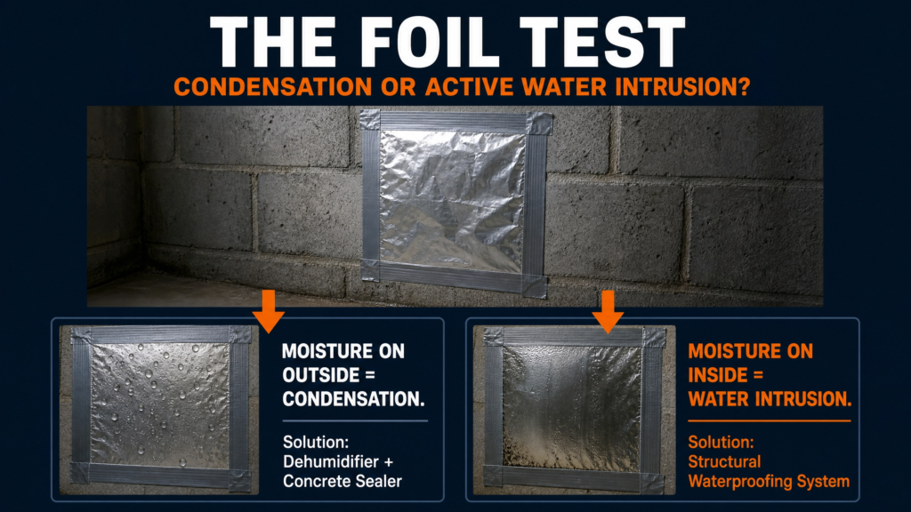 ThermalCore Insulation infographic demonstrating the foil test to distinguish condensation from active basement water intrusion by identifying moisture forming on the outside or inside of foil attached to a foundation wall.