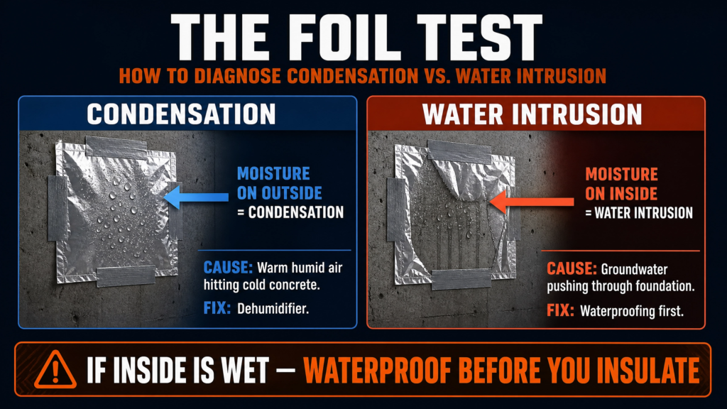 ThermalCore Insulation infographic explaining the foil test to distinguish condensation from water intrusion on basement concrete walls. It shows that moisture on the outside of foil indicates condensation, while moisture behind the foil confirms water intrusion, helping homeowners determine whether waterproofing is needed before installing spray foam insulation.