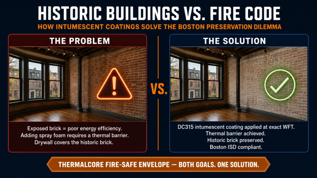 ThermalCore Insulation infographic showing how intumescent coatings solve the fire code challenges of Boston's historic buildings. The comparison demonstrates how DC315 intumescent coating creates a code-compliant thermal barrier while preserving exposed historic brick without covering it with drywall.