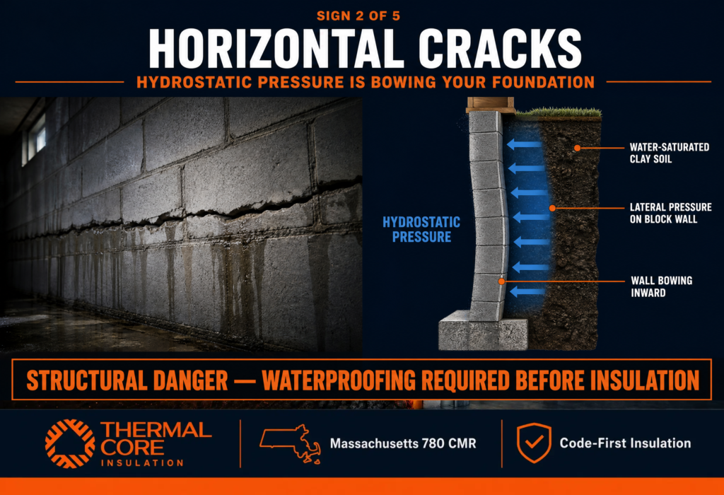 ThermalCore Insulation infographic explaining how horizontal foundation cracks are caused by hydrostatic pressure from water-saturated soil pushing against Massachusetts basement walls. The graphic shows wall bowing, structural risk, and why waterproofing repairs must be completed before installing spray foam insulation.