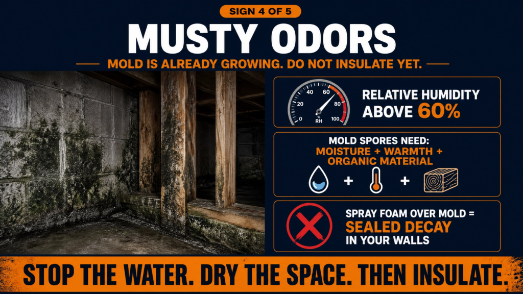 ThermalCore Insulation infographic explaining that musty odors in a basement indicate elevated humidity and active mold growth. The graphic shows how relative humidity above 60% promotes mold, why spray foam should never be installed over mold, and why moisture problems must be corrected before insulating.