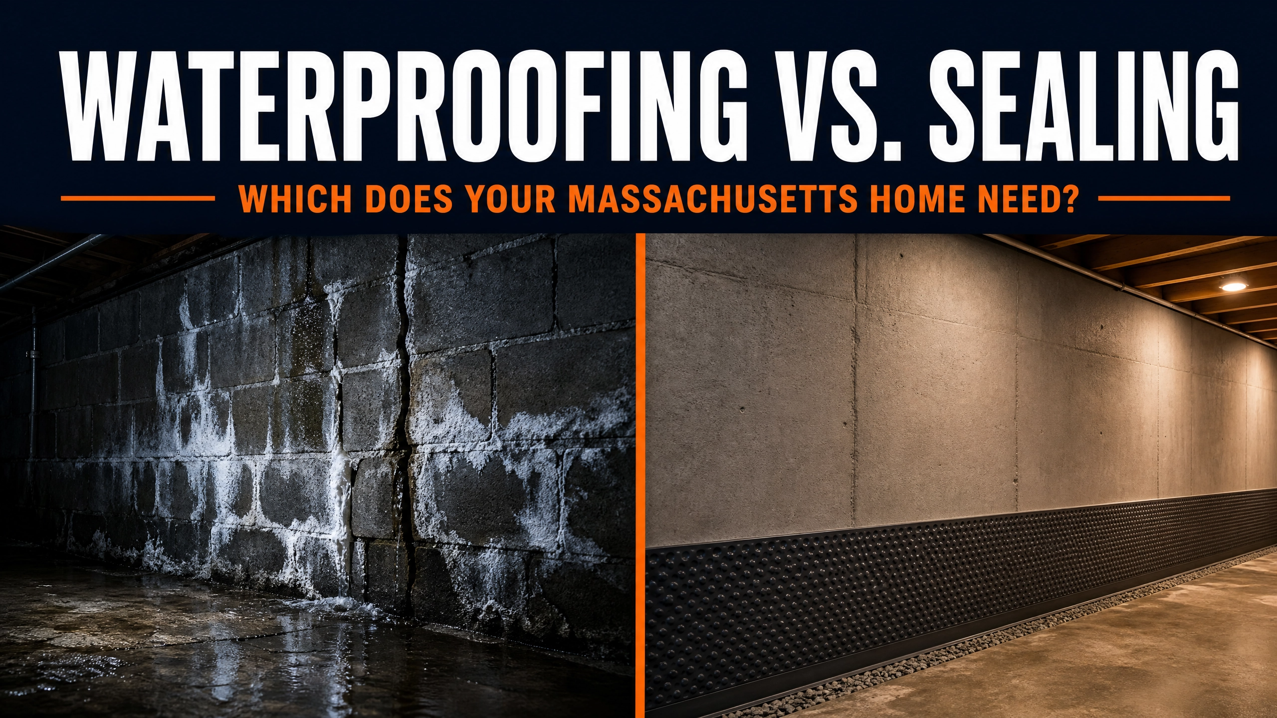 ThermalCore Insulation infographic comparing basement waterproofing and concrete sealing for Massachusetts homes, showing a wet foundation wall versus a professionally waterproofed basement to explain which solution prevents water intrusion.
