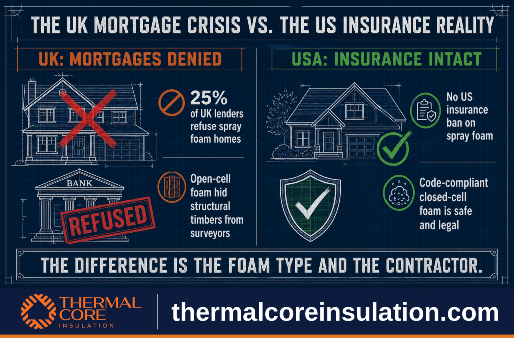 Comparison infographic explaining the difference between UK spray foam mortgage issues and U.S. insurance practices for properly installed closed-cell spray foam.