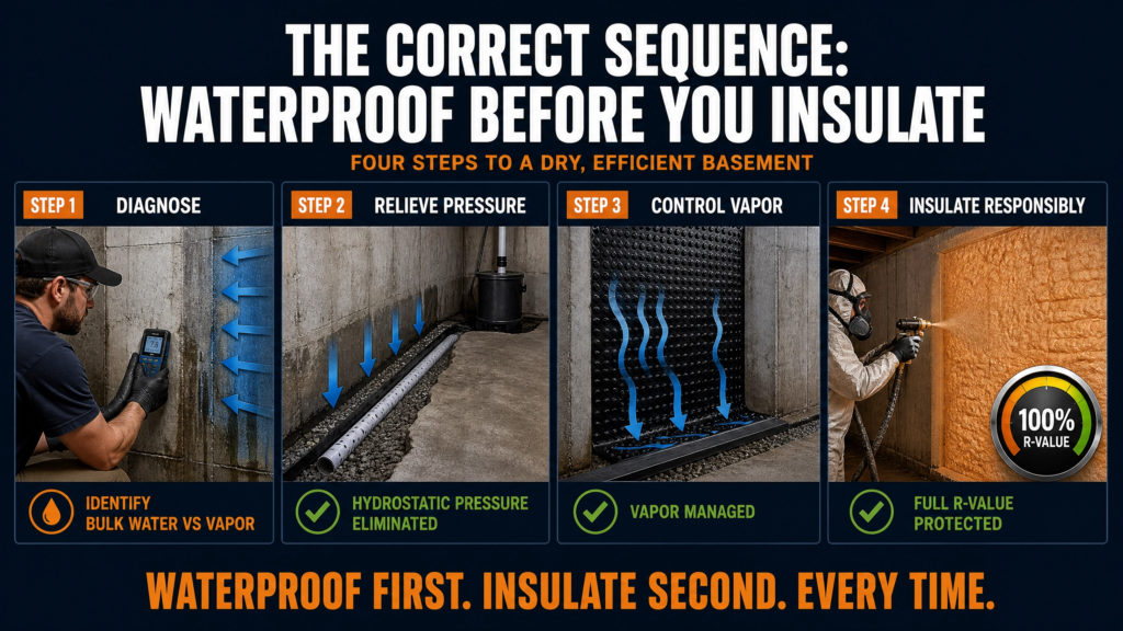 waterproofing improves your insulation's R-value. Four-step infographic illustrating the proper basement waterproofing process: diagnose moisture, relieve hydrostatic pressure, control water vapor, and install insulation only after moisture is controlled.