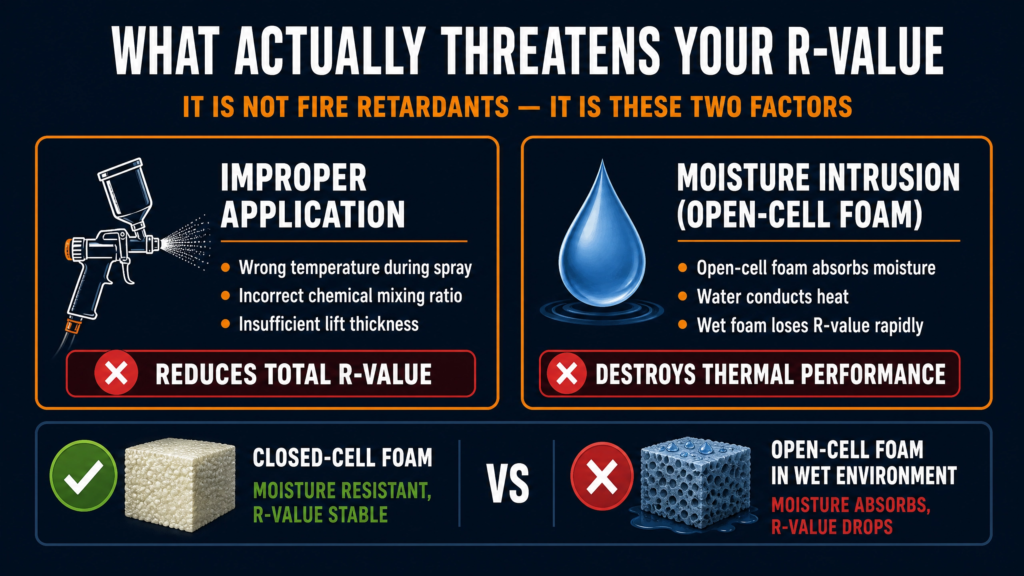 ThermalCore Insulation infographic explaining what actually reduces fire-retardant spray foam R-value. The graphic shows that thermal performance is affected by improper spray foam installation and moisture intrusion in open-cell foam, while closed-cell spray foam remains moisture resistant and maintains its insulating performance.