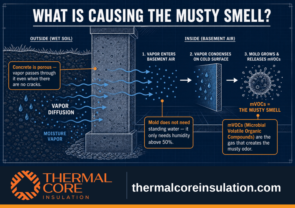 Educational infographic explaining how moisture vapor moves through concrete walls, condenses, and creates mold and musty basement odors through microbial volatile organic compounds (mVOCs).