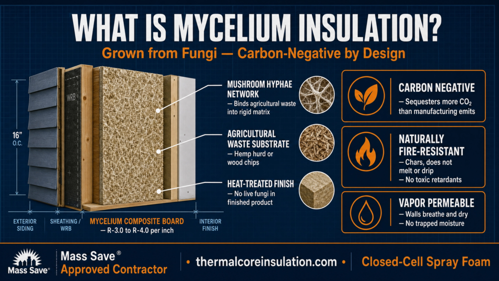 What is mycelium insulation — mushroom hyphae network binds agricultural waste into rigid composite board R-3.0 to R-4.0 per inch — heat-treated finish no live fungi in finished product — carbon negative sequesters more CO2 than manufacturing emits — naturally fire-resistant chars does not melt — vapor permeable walls breathe no trapped moisture — mycelium insulation Massachusetts green building — Thermal Core Insulation Mass Save Approved Contractor