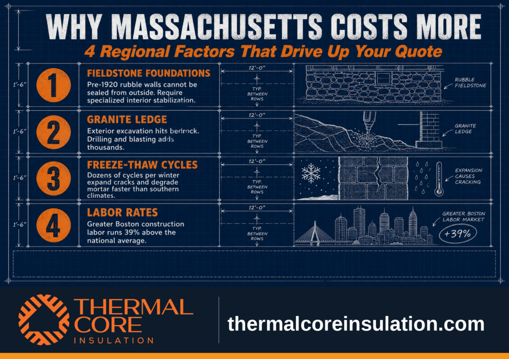 Thermal Core Insulation infographic explaining four reasons basement waterproofing costs are higher in Massachusetts, including fieldstone foundations, granite ledge, freeze-thaw cycles, and Greater Boston labor rates.
