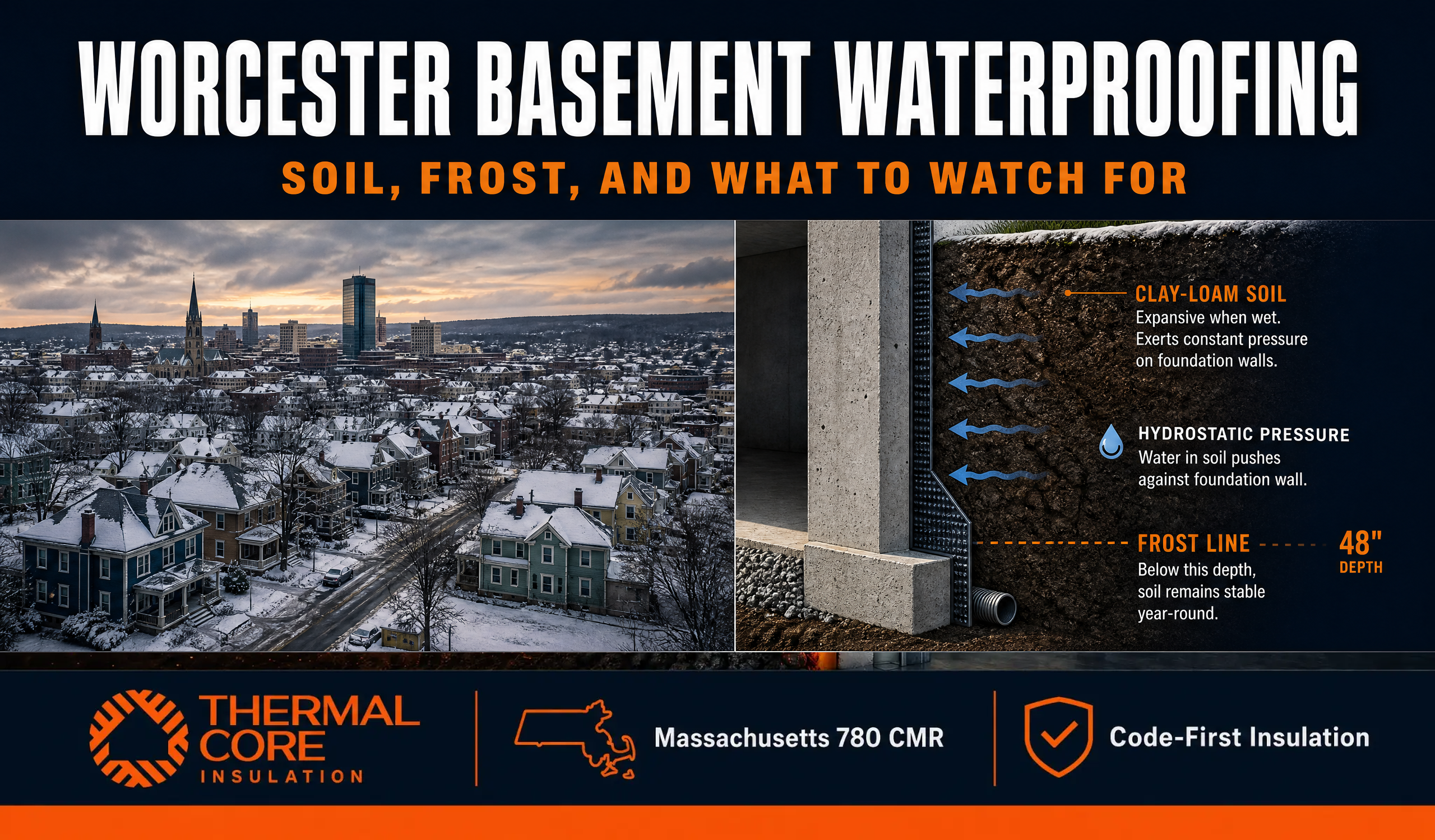 Infographic about basement waterproofing in Worcester, Massachusetts, explaining local clay-loam soil, hydrostatic pressure, the 48-inch frost line, and how these conditions affect residential foundations.