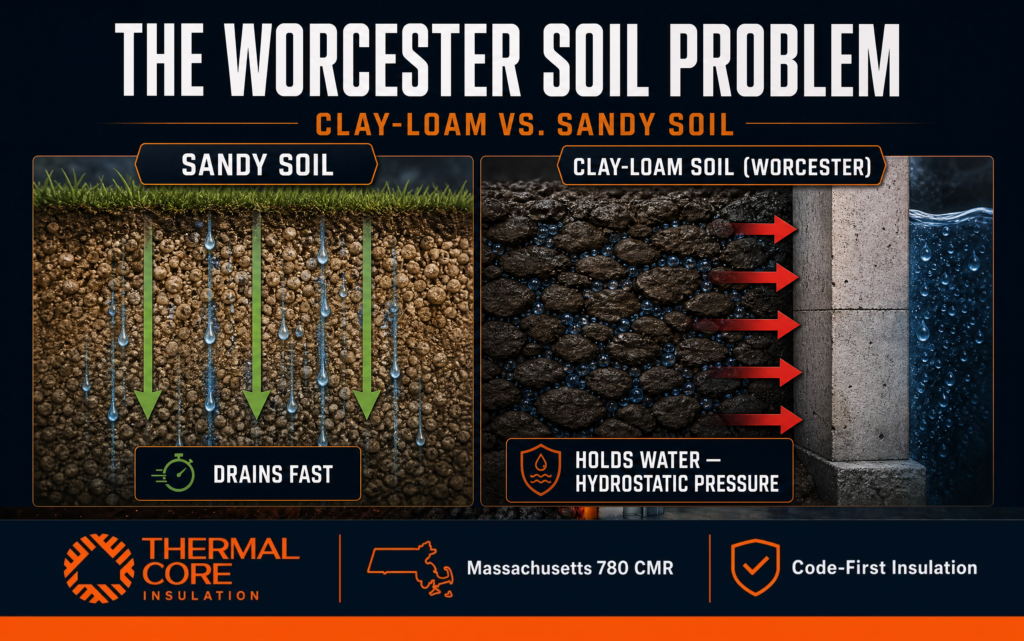 Comparison infographic showing sandy soil versus Worcester clay-loam soil, explaining how sandy soil drains quickly while clay-rich soil retains water, increasing hydrostatic pressure against foundation walls.