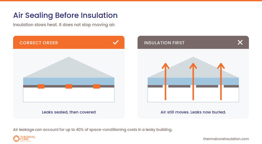 Comparison showing air sealing before insulation versus insulating first, with air leaks buried under insulation in a Massachusetts attic