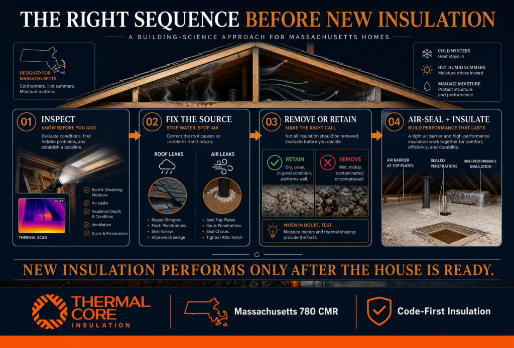 Four-step Massachusetts attic old insulation process: inspect existing conditions, repair moisture and air leaks, decide what insulation to retain or remove, then air seal and insulate.